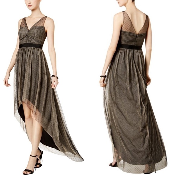 ADRIANNA PAPELL AP1E202268 HIGH LOW GLITTER PIN DOT RUCHED COCKTAIL DRESS - Picture 1 of 16